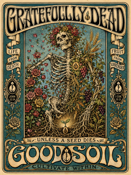 Goodsoil® Gratefully Dead | “Unless a Seed Dies” Premium Christian Graphic T-Shirt | Vintage Botanical Skeleton Back Print | Comfort Colors Tee