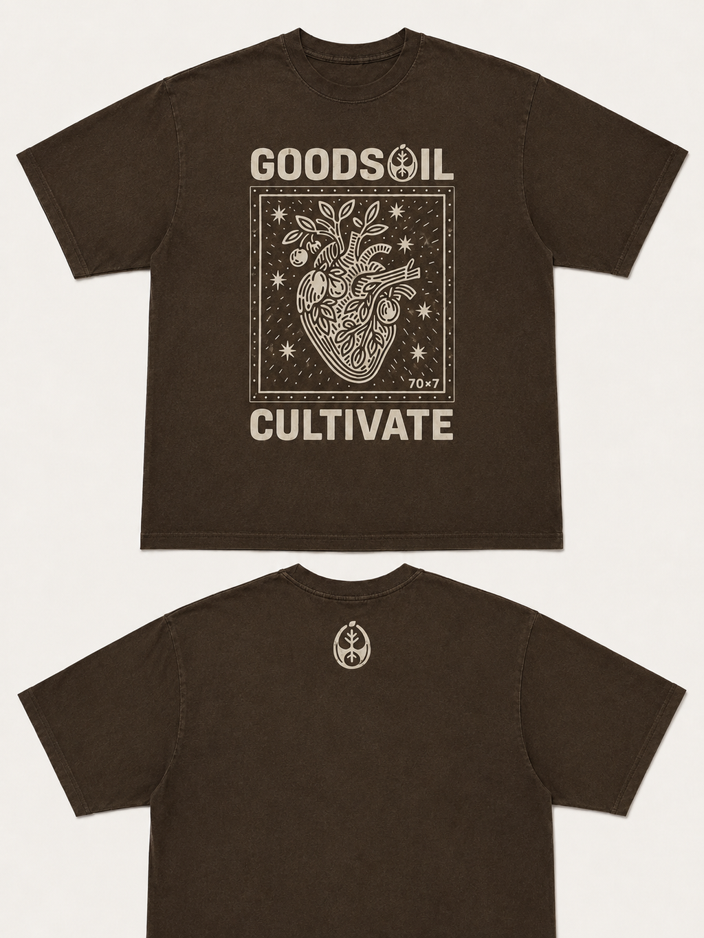 goodsoil® Cultivate Within Tee – 70×7 Heart of Growth Graphic Shirt | Vintage Washed Brown