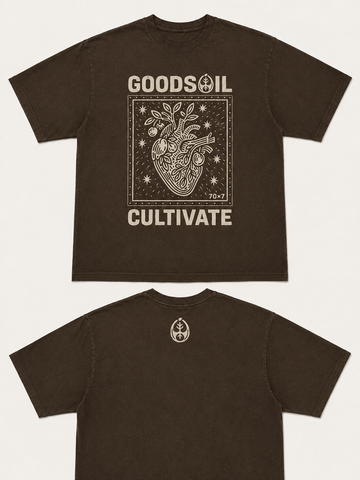 goodsoil® Cultivate Within Tee – 70×7 Heart of Growth Graphic Shirt | Vintage Washed Brown