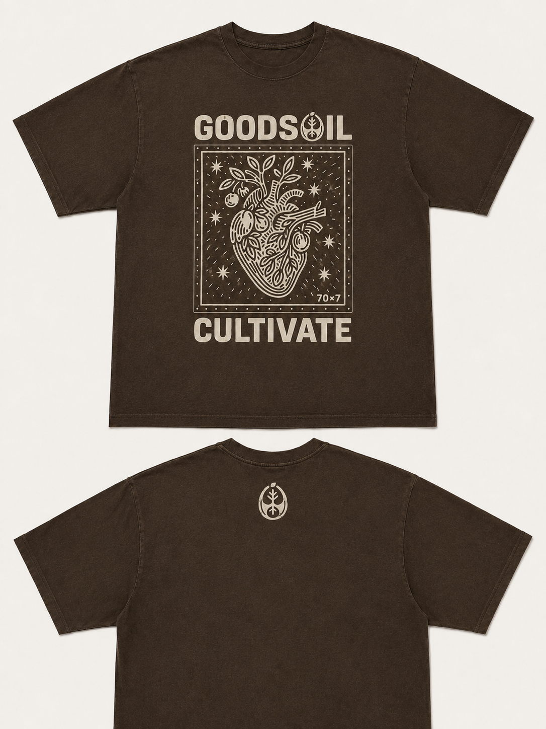goodsoil® Cultivate Within Tee – 70×7 Heart of Growth Graphic Shirt | Vintage Washed Brown