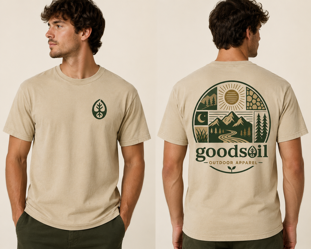 Goodsoil Outdoor Badge Tee – Signature Seed Left Chest & Mountain Landscape Back Graphic | Cultivate Within