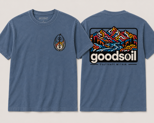 Goodsoil™ Cultivate Within Mountain Landscape Tee | Premium Garment-Dyed Christian Graphic T-Shirt